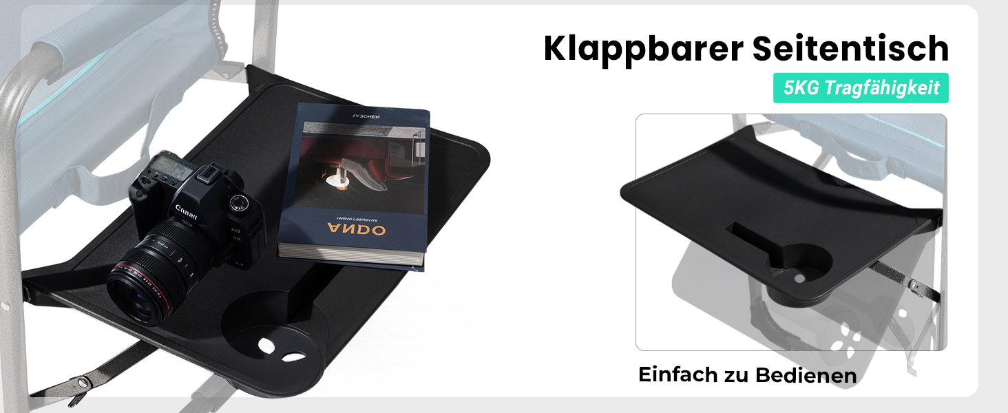 Кемпінговий стілець OVERMONT складний з бічним столиком та охолоджувальною сумкою, до 180 кг - блакитно-сірий