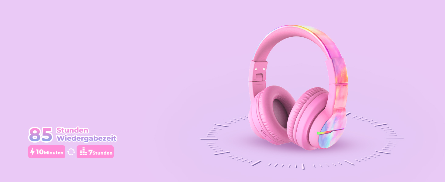 iClever Бездротові навушники для дітей з LED-підсвіткою, Over-Ear, Bluetooth 5.2, мікрофон, BTH12 (Tie-dye рожевий)