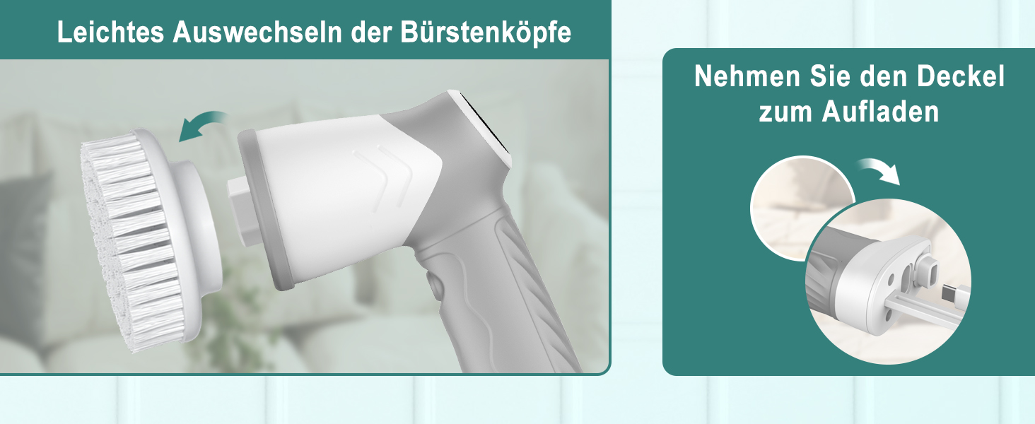 Електрична щітка для прибирання 7 в 1 з регульованою ручкою, змінними насадками, 2 швидкості, для ванни, плитки, IPX7, білий/сірий колір