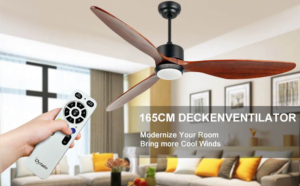 Стеляний вентилятор Ovlaim з підсвічуванням та пультом керування, тихий DC мотор, 3 лопаті, Smart, для вітальні/спальні, натуральний & срібний (колір: коричневий, діаметр: 165 см)