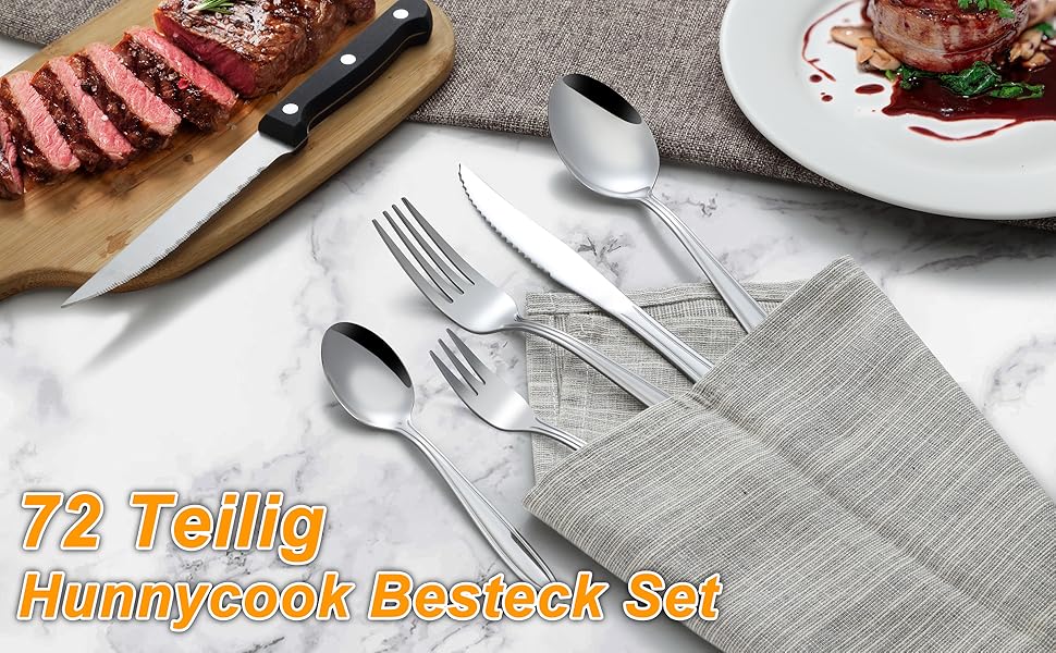 Набір столових приборів Hunnycook 72 шт. з ніжками для стейка, преміум-якість, нержавіюча сталь, для дому/ресторану/вечірки, придатний для миття в посудомийній машині