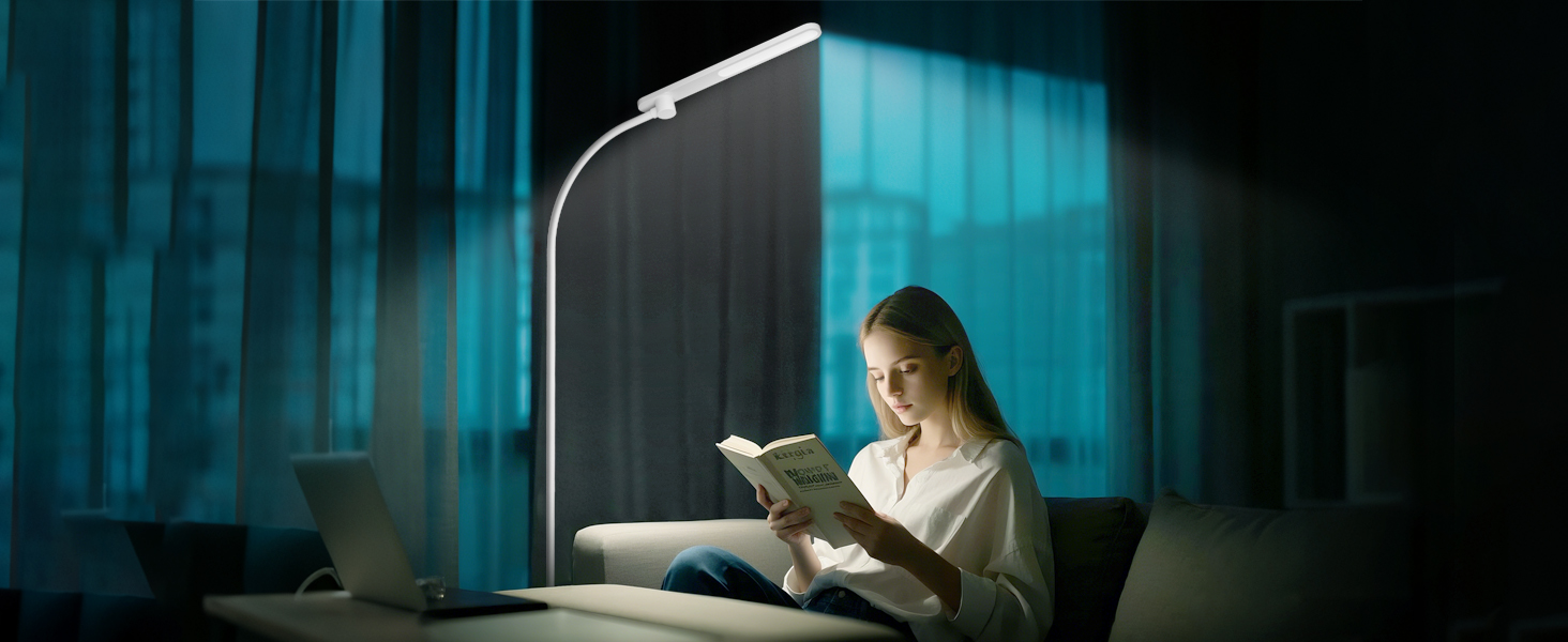 LED торшер Honeywell F4 Sunturalux™ з регулюванням яскравості, гнучкий гніздовий з'єднувальний елемент, сучасний дизайн для комфортного читання у вітальні, спальні, офісі (білий)