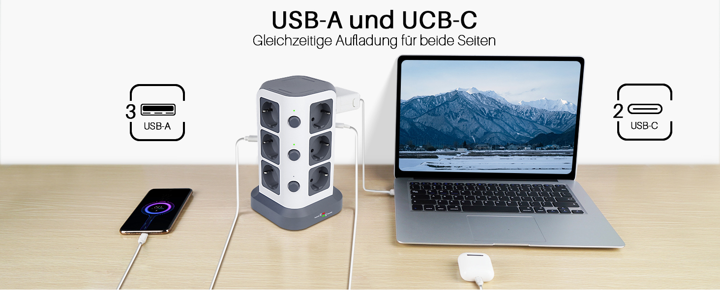 Блок розеток KOOSLA з USB-C, 12 розеток, 3680W/16A, захист від перенапруги 1500J, індивідуальне вмикання, 5м кабель, сірий