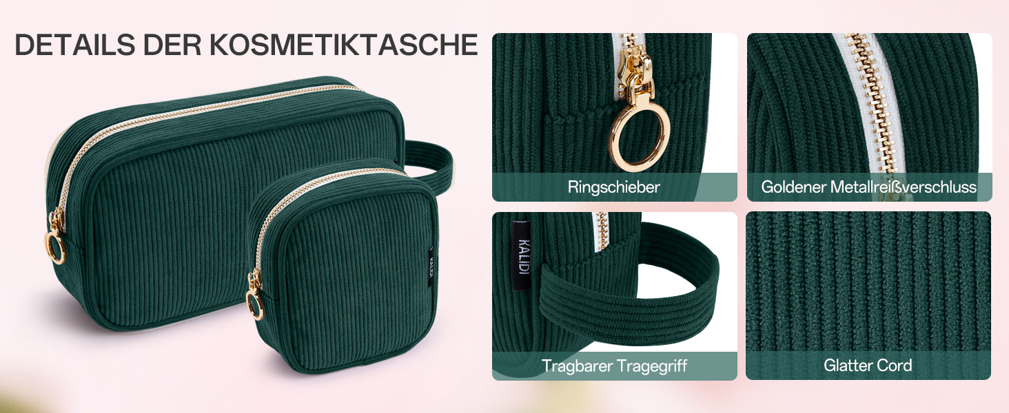 Косметичка жіноча KALIDI з корду, з відділеннями, металева блискавка, для подорожей, зелена