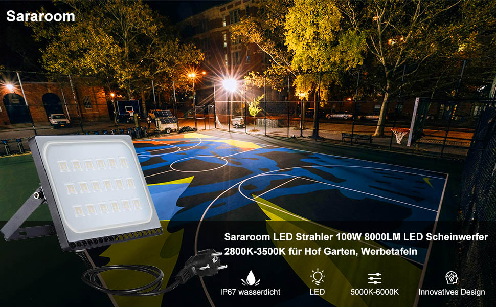 Світлодіодний прожектор Sararoom 100W, 4000Лм, 3000K, IP65, тепле біле світло, 48 LED, для вулиці, саду, гаража, спортмайданчика