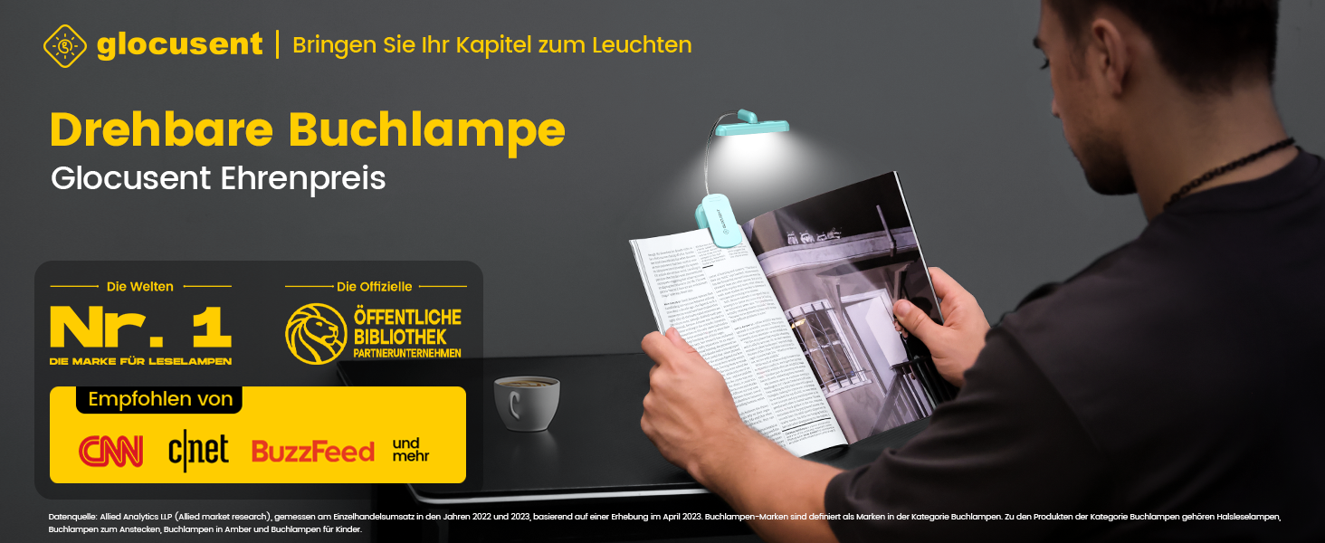 LED лампа для читання Glocusent з кріпленням на книгу, 22 світлодіоди, таймер, регулювання яскравості та кольору, акумулятор 1000 mAh (до 100 годин), для книголюбів, блакитна