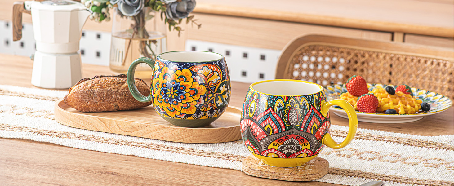 Набір чашок з порцеляни, керамічні чашки капучино/кружки - 600 мл, посуд для 6 осіб, набір чашок для кави - богемний стиль