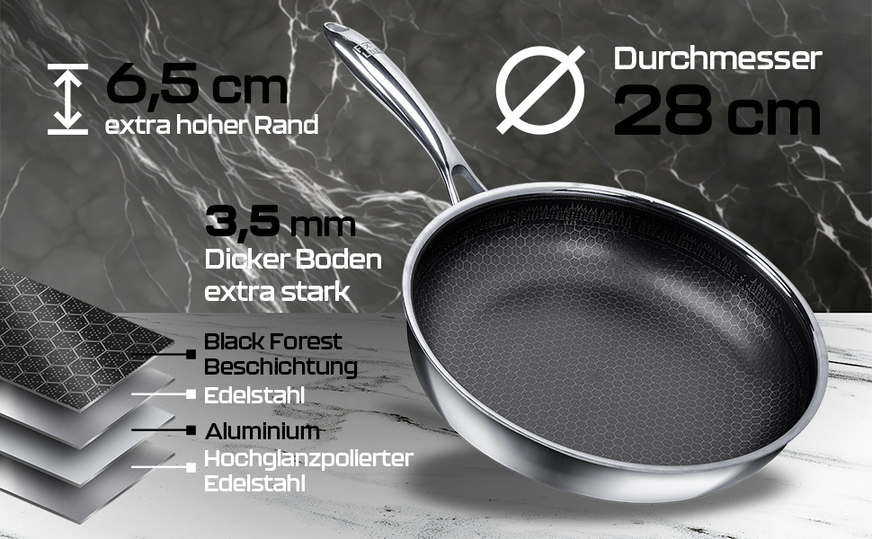 FIXLINE Black Forest Non-Stick Frying Pan - 28cm - Red Design - PTFE-Free - Compatible with All Cooktops (including Induction) - Oven Safe up to 250°C - Easy Cleaning - Ideal Gift