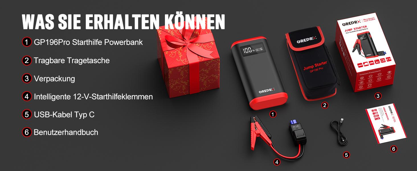 Powerbank для авто GREPRO Starthilfe: запуск 10L бензину/8L дизеля, LCD, LED ліхтарик