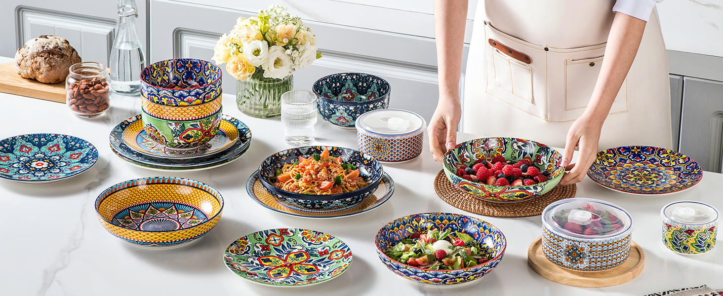 Набір салатників та тарілок HENXFEN з порцеляни (4 шт.) - 1330 мл, богемський стиль