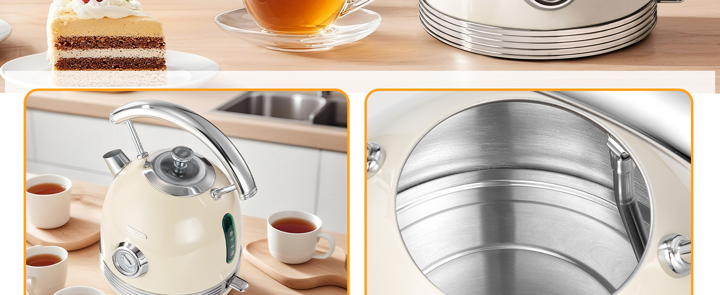 Ретро чайник з нержавіючої сталі, електрочайник та тостер-сет, 2200 Вт, 1.8 л, для чаю, кави, дитячого харчування, без BPA. Зелений (Вінтаж Кремовий)