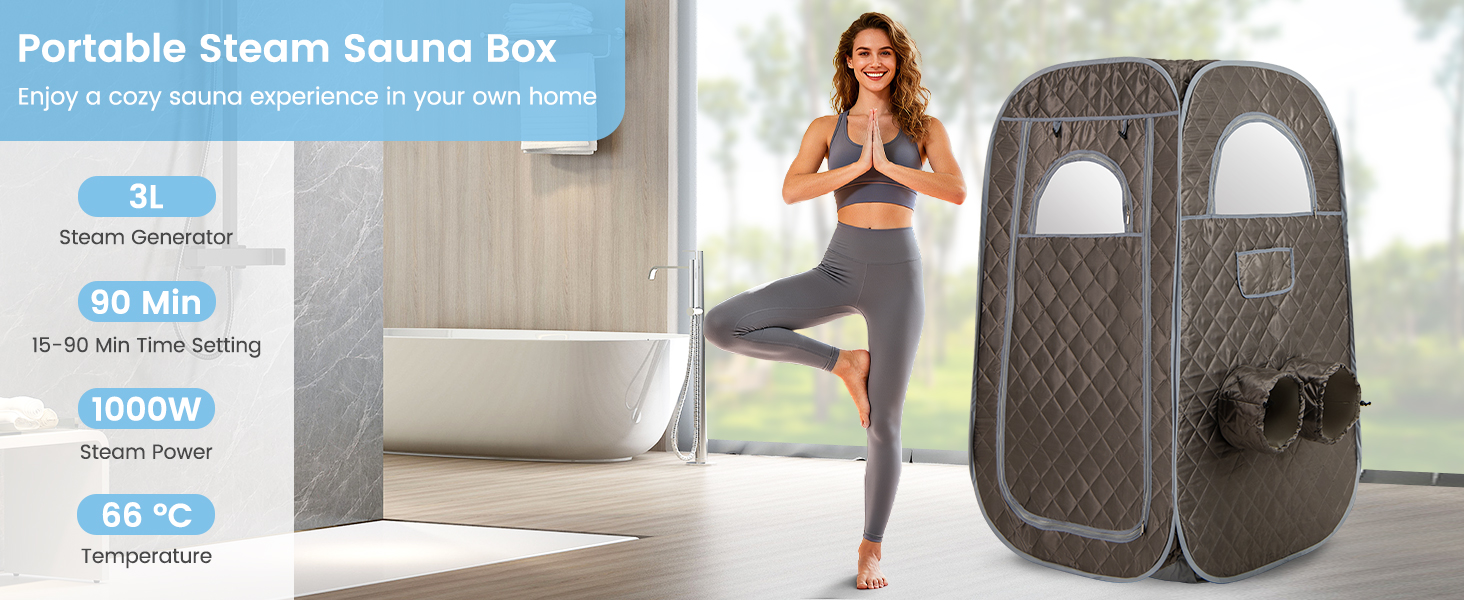 Портативна парова сауна HOMASIS для дому з генератором пари 3 літри, з пультом дистанційного керування, 9 температурних режимів та 9 таймерів, мобільний сауна-тент з відкидним стільцем та масажером для ніг (сірий)