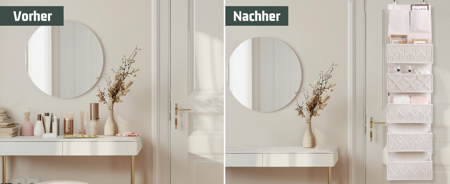 Організатор для дверей з 4 кишенями, Бохо декор, Настінна полиця-організатор з 2 гачками, Складаний настінний органайзер для спальні, дитячої кімнати, ванної (5 кишень-слонова кістка)