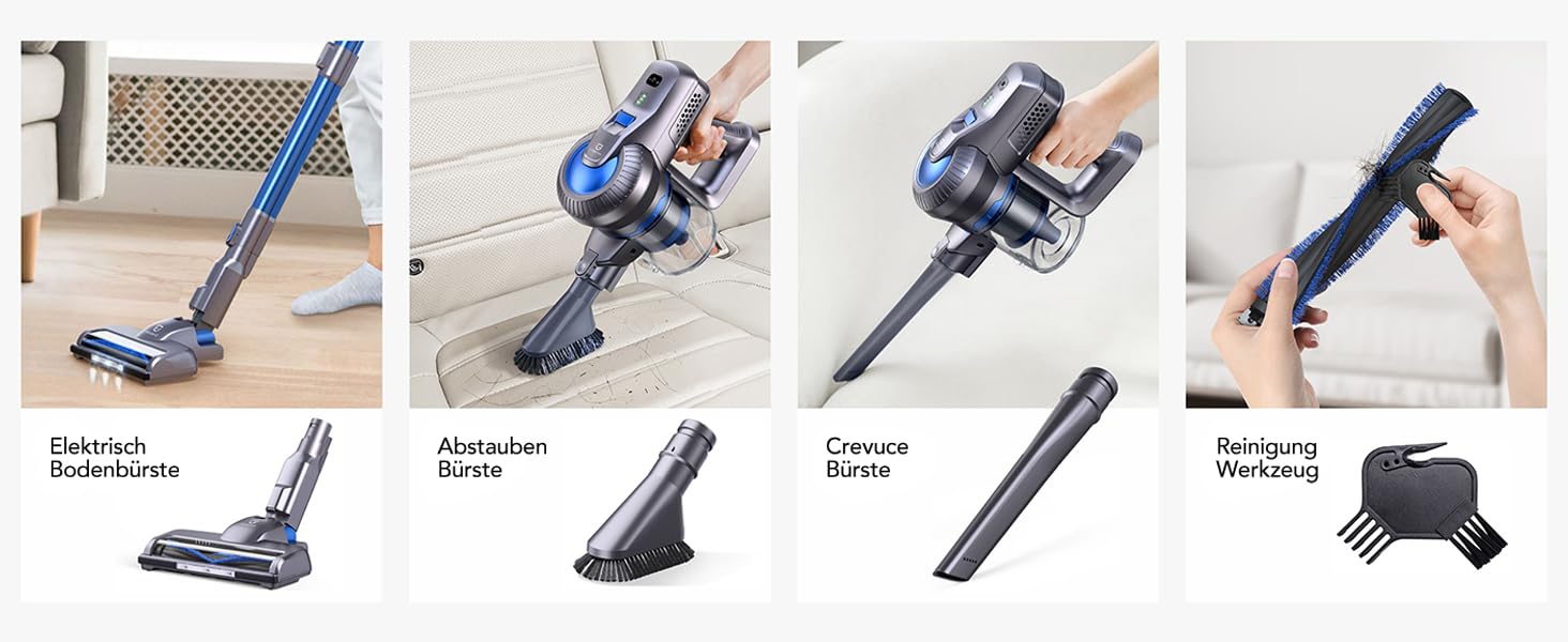 Greenote Бездротовий акумуляторний пилосос: 30 хв роботи, LED, насадка для щілин та м'яка щітка, паркування, для твердих поверхонь та шерсті тварин