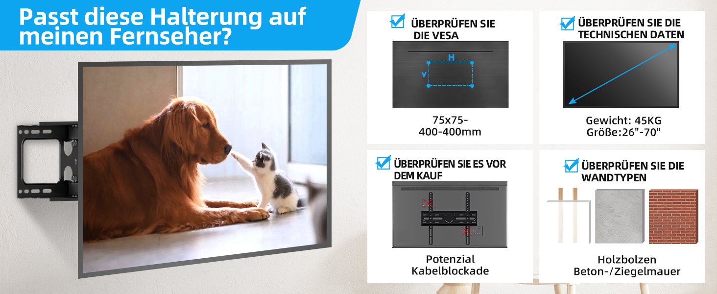 XINLEI Adjustable Tilt & Swivel TV Wall Mount for 26-70 inch Flat & Curved TVs - 45kg / 400x400mm VESA - Black
