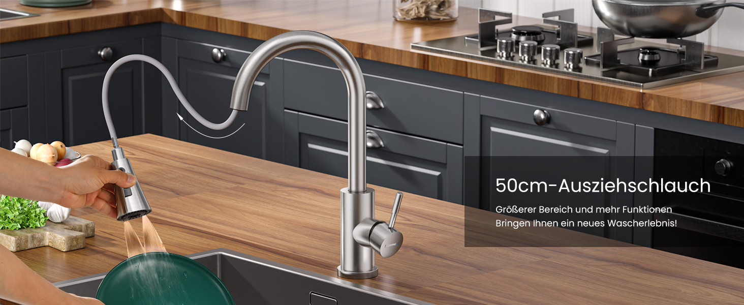 Кухонний змішувач Dayone з висувною лійкою, нержавіюча сталь SUS304, високий тиск, кухонний кран з 2 функціями, поворотна на 360°, для кухні