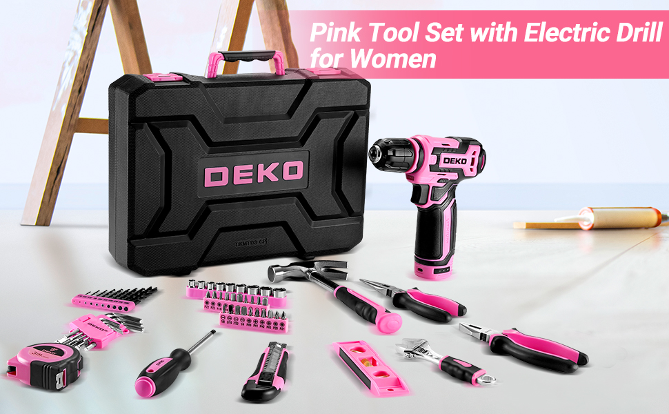 Набір інструментів DEKO 133-елементи: рожевий набір для ремонту та домашнього майстерування з акумуляторним дрилем-шуруповертом 12V
