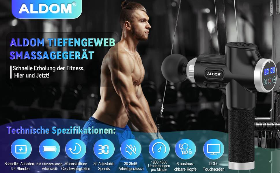 ALDOM Massage Gun - Electric Muscle Massager with 30 Speed Settings & 8 Attachments - for Men & Women
