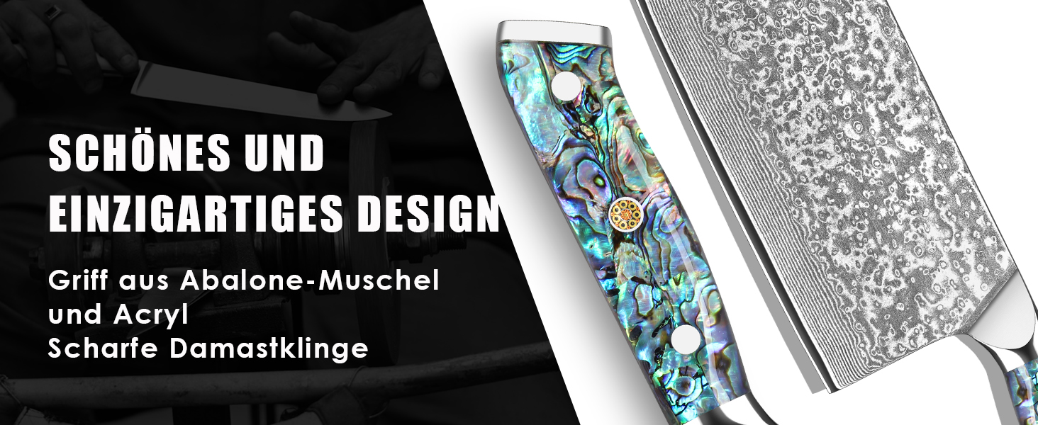 Ніж кухарський Дамаск з лезом 17.8 см, VG-10 сталь, ручка з мушлі Абалоне, подарункова коробка
