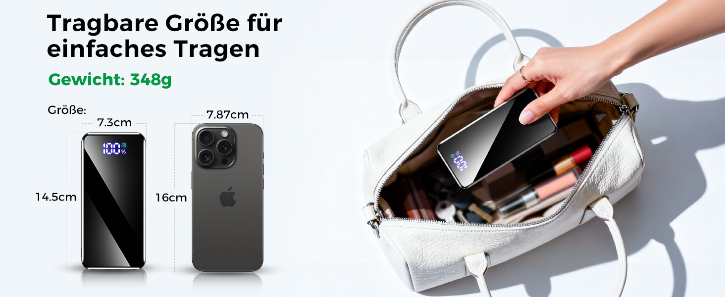 Повербанк 26800mAh з швидкою зарядкою USB-C та кабелем 3-в-1, Dual-LED ліхтарем, чорний — зовнішній акумулятор для iPhone 17/16/15, Samsung S26/S25, Xiaomi