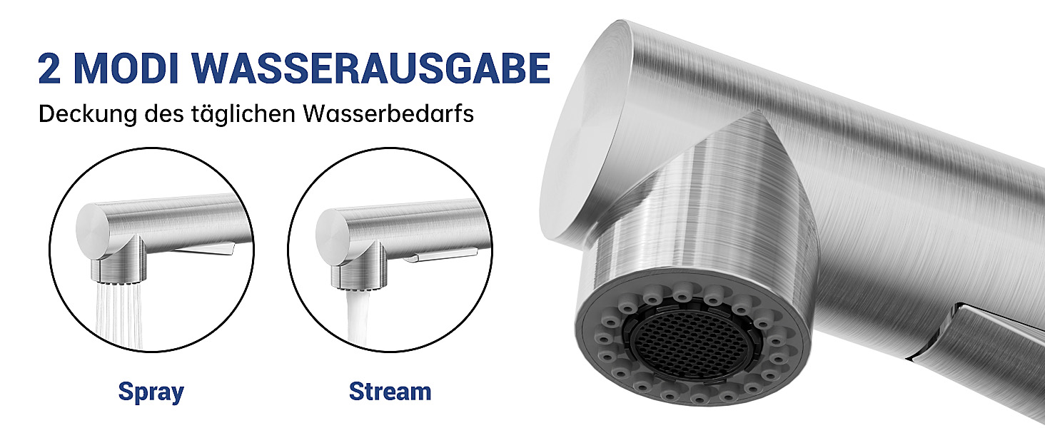 Кухонний змішувач DAYONE з висувною лійкою, нержавіюча сталь, 3 режими, 360° обертання, для кухонних мийок (15 см), матовий.