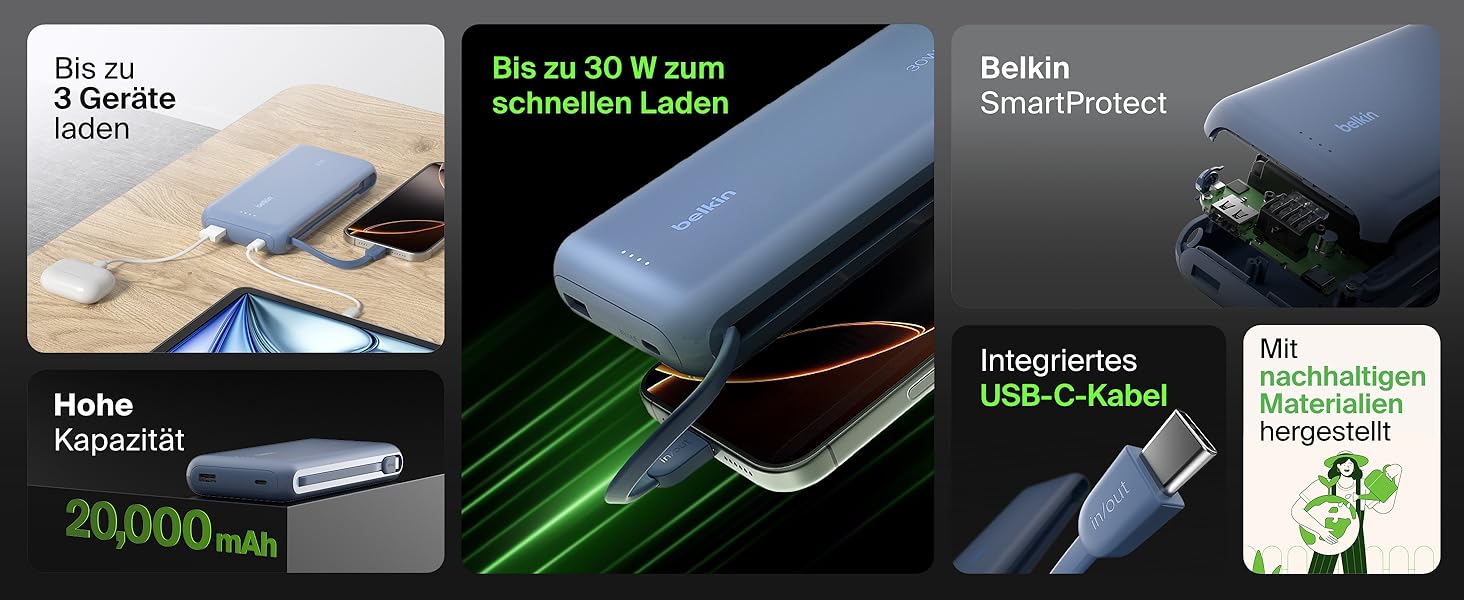 Зовнішній акумулятор Belkin BoostCharge 20K PD 30W з вбудованим кабелем USB-C, Power Bank для iPhone 16, iPad Pro, Samsung Galaxy S25, синій