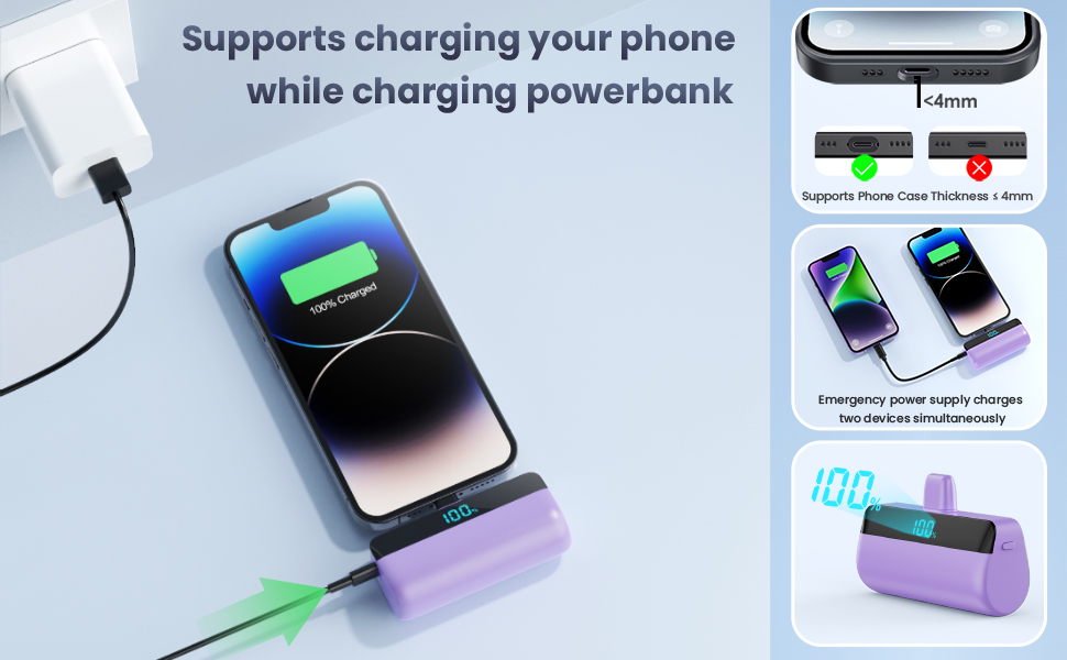 Power Bank Feob Mini 5200mAh 20W PD, фіолетовий. Швидка зарядка, LED-дисплей, сумісний з iPhone 14/13/12/11/XS/XR/8/7/6