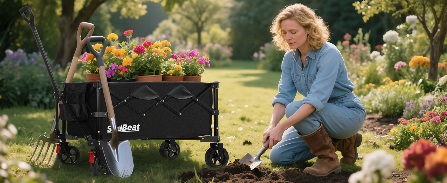 Візок складний SLIDBEAT Bollerwagen 150л, 150кг, чорний XL: для кемпінгу, покупок, саду, пляжу. Гальма, регульована ручка, тримач для напоїв.