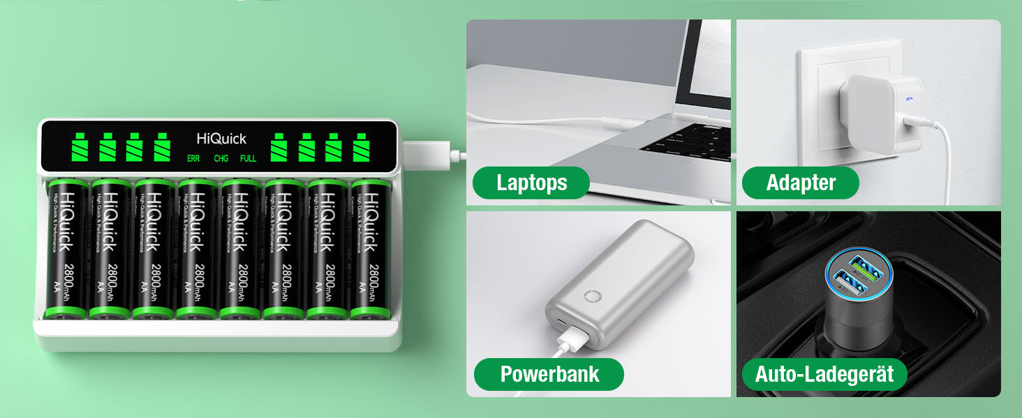Зарядний пристрій HiQuick для акумуляторів AA з 8 шт. акумуляторів, зарядка для Mignon AA, Micro AA NI-MH/NI-CD, 8 слотів, LCD дисплей + 8 AA акумуляторів