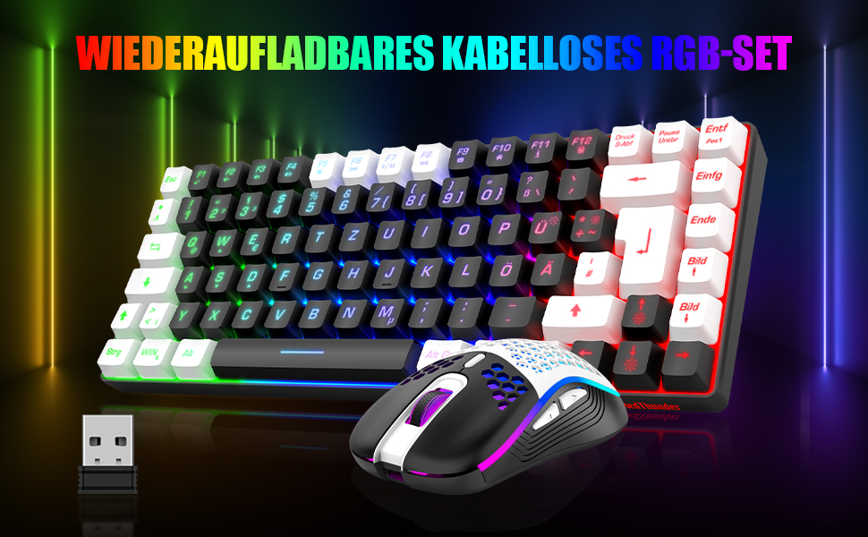 RedThunder Бездротовий ігровий комплект клавіатури та миші, DE TKL, 85 клавіш, перезаряджувана, 7200DPI, для PC/Mac/PS5/Xbox (біло-чорний)