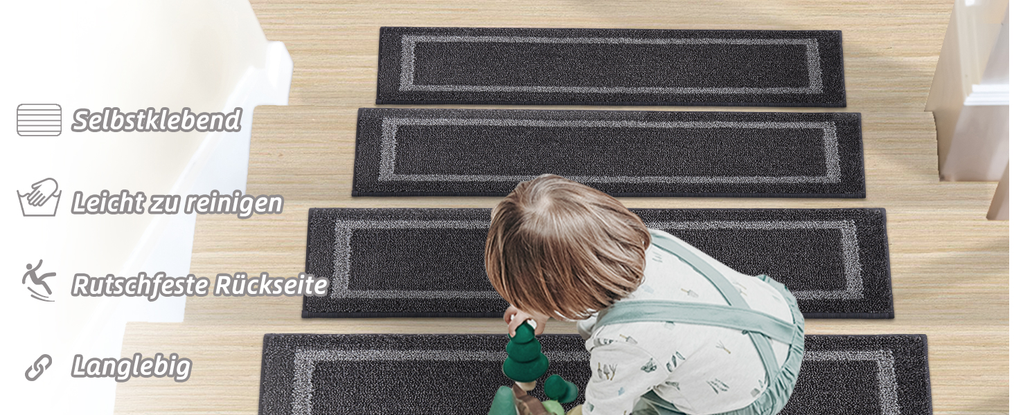 Килимок на сходи COSY HOMEER, 70x22 см, 15 шт., самоклеючий, антиковзкий, машинного прання, 100% поліестер, TPE-підкладка, чорний