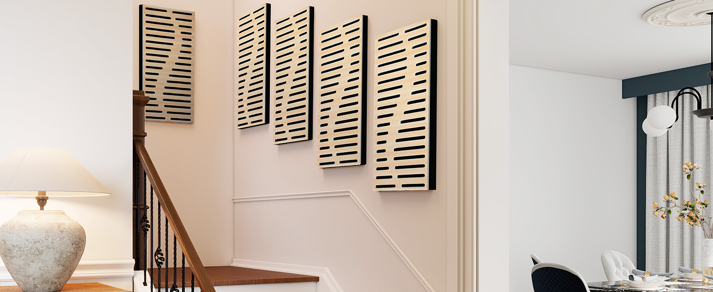 Акустичні панелі JBER для звукоізоляції стін, самоклеючі шумопоглинаючі плити з імітацією натурального дуба, 3-шарові декоративні панелі для студії, 60×30×4.5 см, еліптичні лінії (4 шт.)