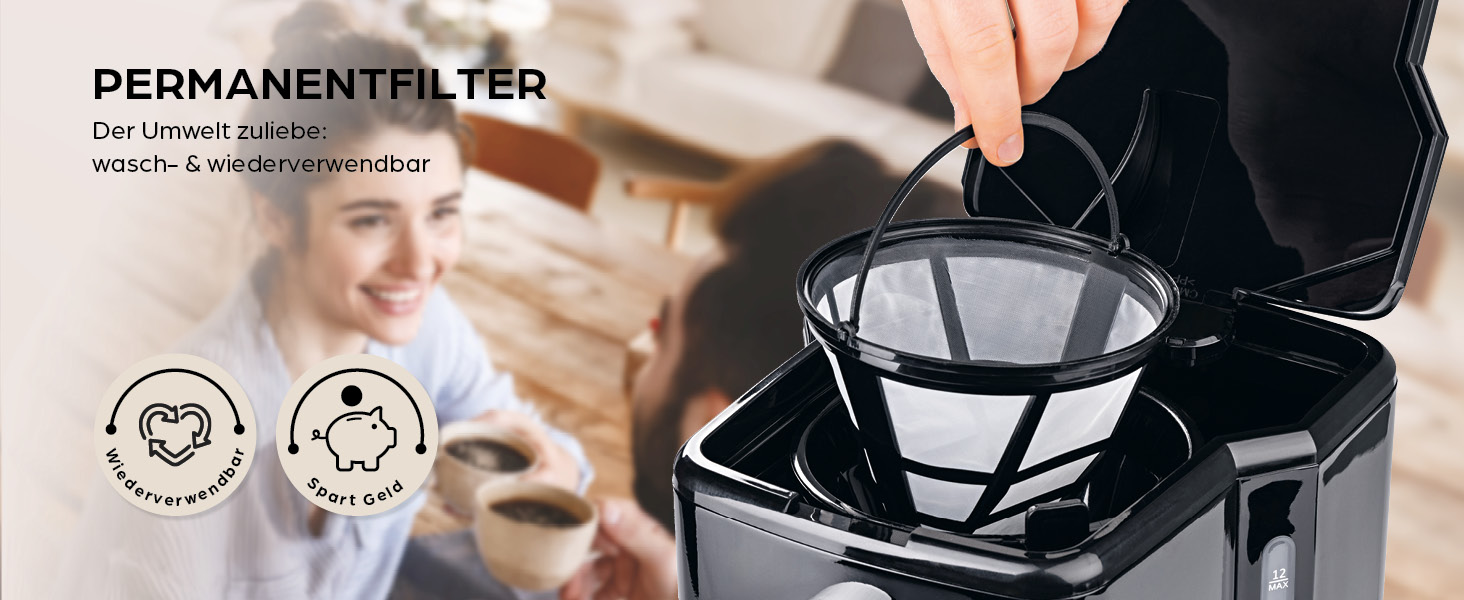 Кавомашина Barista Filterkaffeemaschine з регульованим м'яльним жорном та термокружка | Функція підігріву, таймер 24 години та постійний фільтр | Для 10 чашок кави | Кавомашина для зерен та меленої кави [Нержавіюча сталь] (10) Чорний колір - скляна колба (сенсорний дисплей)
