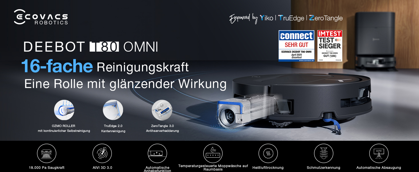 Робот-пилосос ECOVACS DEEBOT T80 Omni з функцією миття підлоги, 18000 Па, OZMO Roller, автоматичне миття моп, ZeroTangle 3.0, миття гарячою водою 40-75°C, чорний