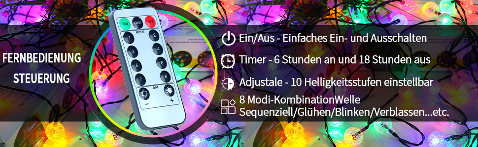 Ланцюжок прикрас RJEDL з 100 LED кулями, 12 м, IP67, з пультом, для декору балкона, вечірки, саду (тепле біле світло)