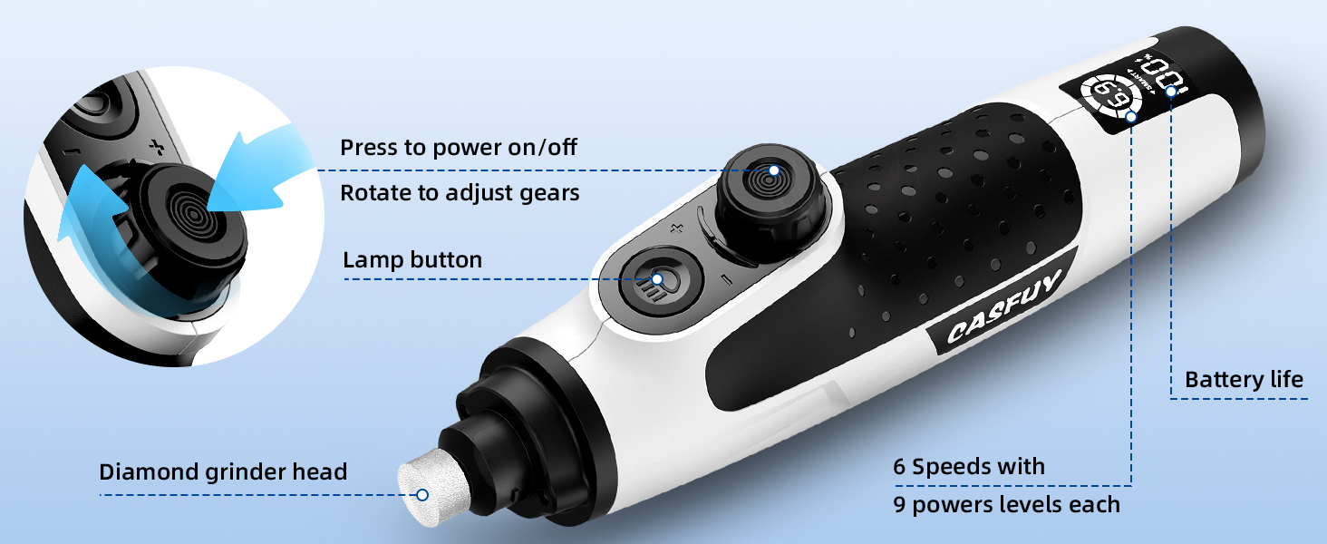 Шліфувальник кігтів для собак Casfuy Smarter Krallenschleifer 6-ступінчатий – 50% потужніший, з 2 LED-лампами, тихий, акумуляторний, для собак та котів великих, середніх та малих порід, білий