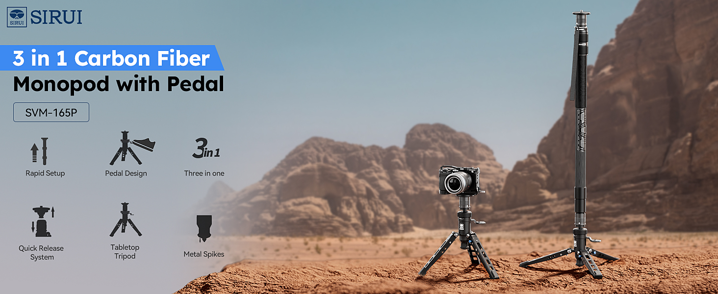 SIRUI Монопод з вуглецевого волокна з швидкою системою | 165 см, професійний, 3-в-1, вантажопідйомність 10 кг, для DSLR та відео (SVM-165P)