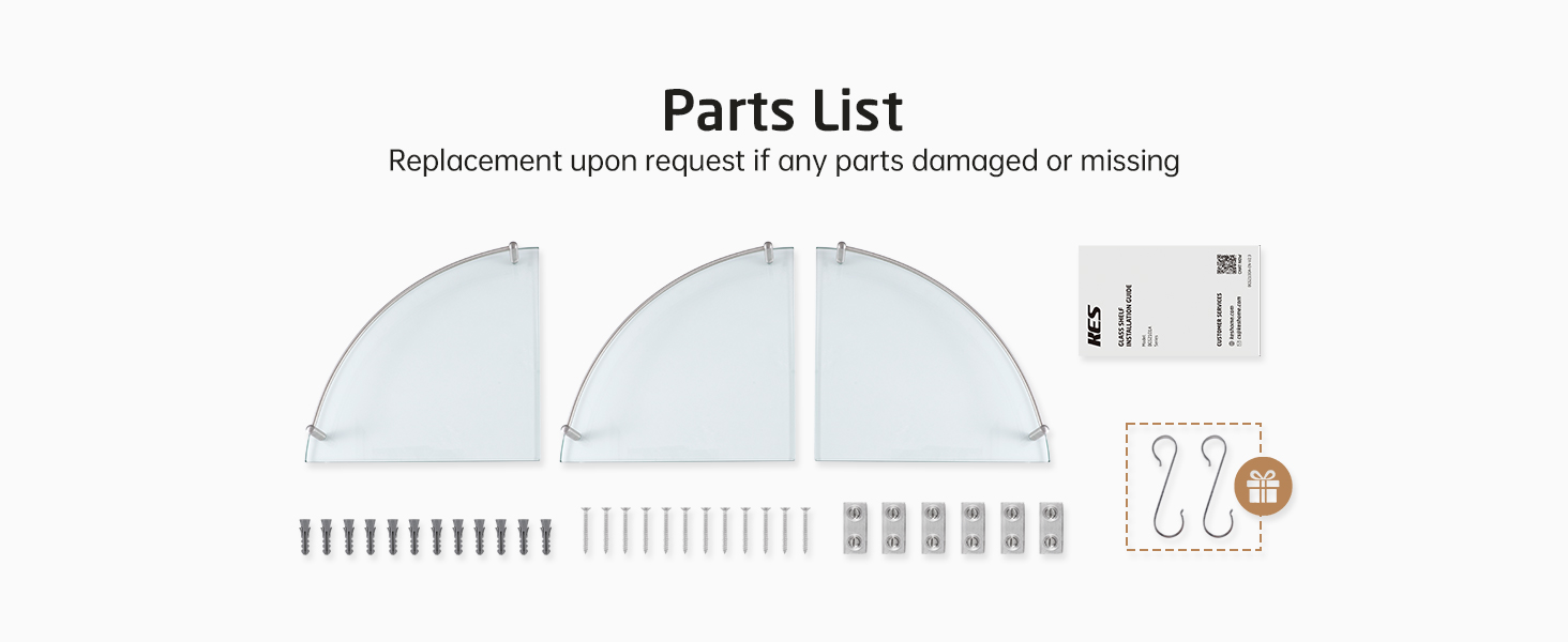 Скляна поличка для душу/ванної кімнати KES - настінна скляна поличка з нержавіючої сталі SUS304, BGS101A--P
