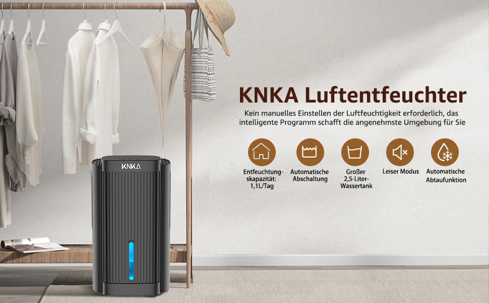 Електричний осушувач повітря KNKA, 1.1 л, для дому, ванної кімнати, підвалу, тихий (28 дБ), з автовимкненням та нічним режимом, кольорове підсвічування (білий), колір: чорний