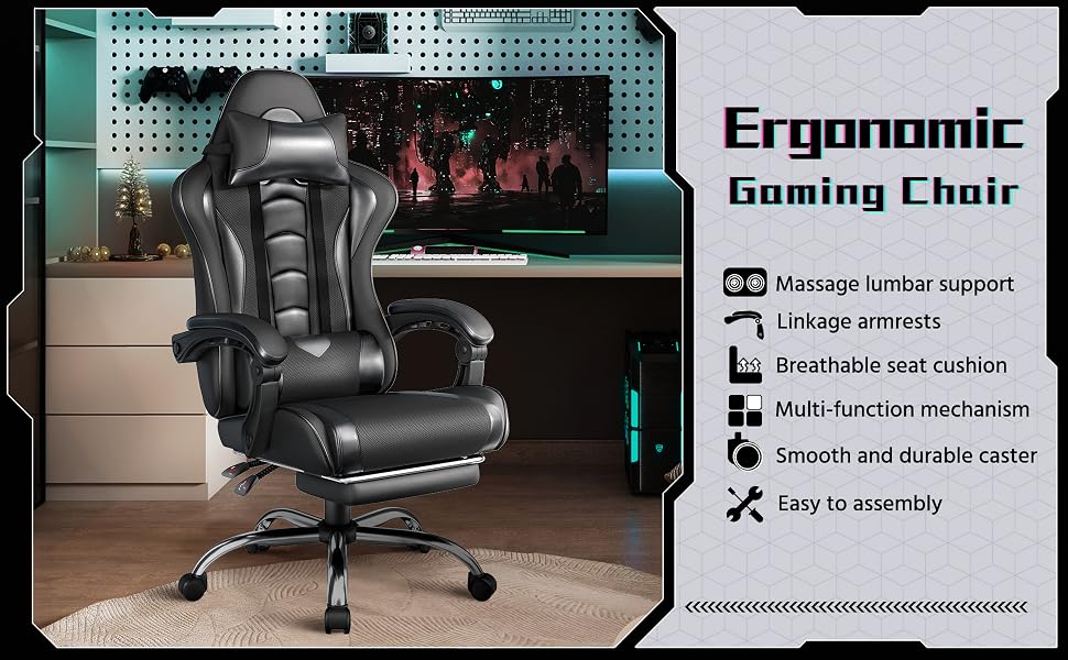 Ігрове крісло Yaheetech Ergonomic Gaming Chair з функцією масажу, підставкою для ніг та регулюванням спинки 90-135°, офісне крісло для геймерів та дому, чорне