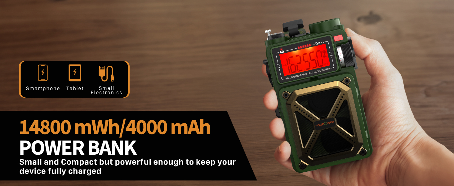 Радіо на сонячній батареї FosPower D9 з ліхтариком, AM/FM/WB, Power Bank 4000 mAh - Темно-зелений