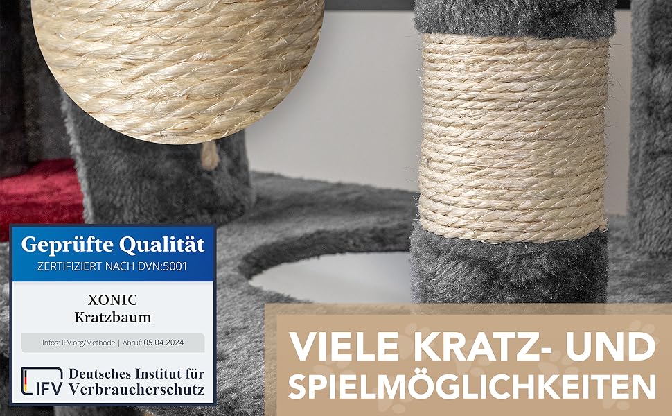 Кігтеточка для котів Foxdevil від xonic® - стабільна, багатофункціональна з платформою, гамаком, будиночком, іграшкою та сходами (141 см, сірий/червоний)