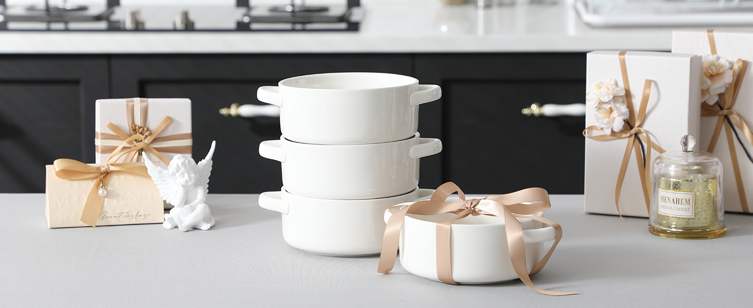 MALACASA Набір супових тарілок з ручками, 800 мл, 4 шт, порцеляна, білий, для французької цибулевої супи, каші та рагу