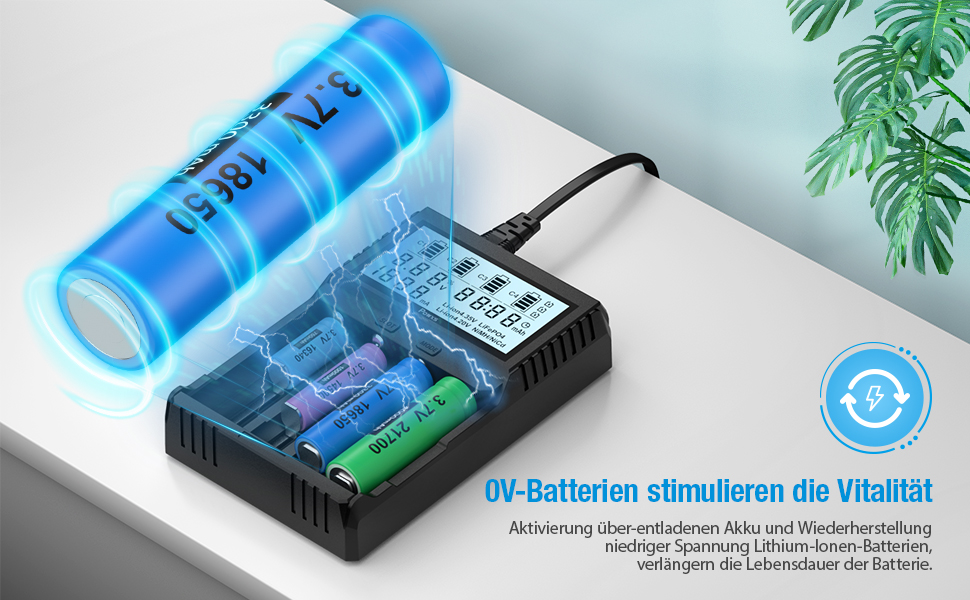 Зарядний пристрій POWXS для акумуляторів 18650 з тестуванням, LCD-дисплеєм, 4 слоти, Li-Ion, IMR, NI-MH, NI-Cd, AA, AAA, C, 26650, 21700, 16340, 14500, 10440, RCR123