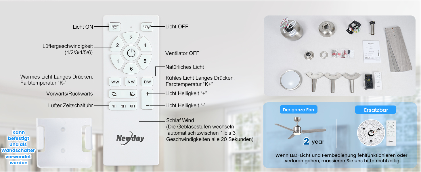 Стеляний вентилятор Newday білий, 122 см з підсвіткою та пультом керування. Безшумний вентилятор для стелі з лампою, регульована яскравість, DC мотор, реверсивний для спальні та вітальні (107-silber-holz)