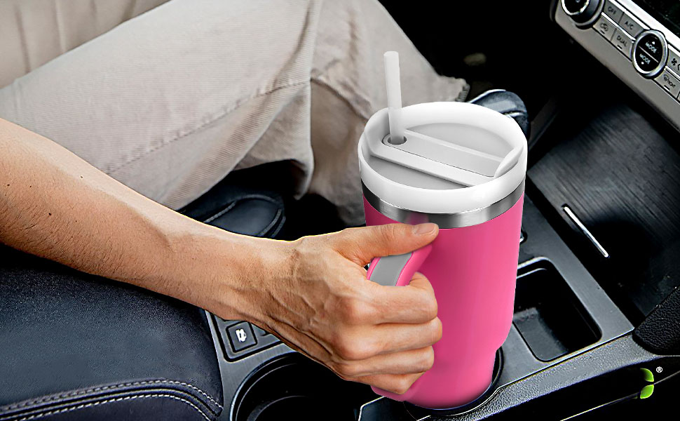 Термокружка WALLFID 40oz з нержавіючої сталі, вакуумна ізоляція, з кришкою, 3 трубочки та щітка для трубочок, для гарячих та холодних напоїв, ідеальна для кави, чаю, смузі та іншого (Рожева)