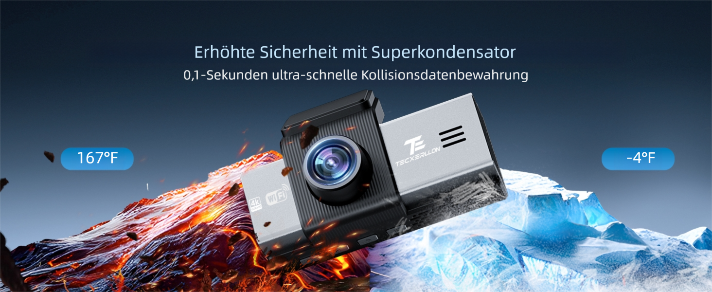 Відеореєстратор TECXERLLON 4K з ADAS, GPS, WDR, G-сенсором та нічним баченням, 24/7 парковка, 128GB карта в комплекті