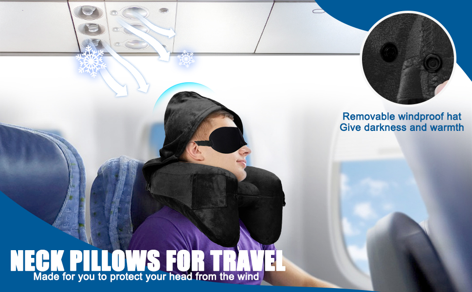 Подушка для шиї в літак, авто: надувна з капюшоном, для дорослих, Travel Pillow, чорна