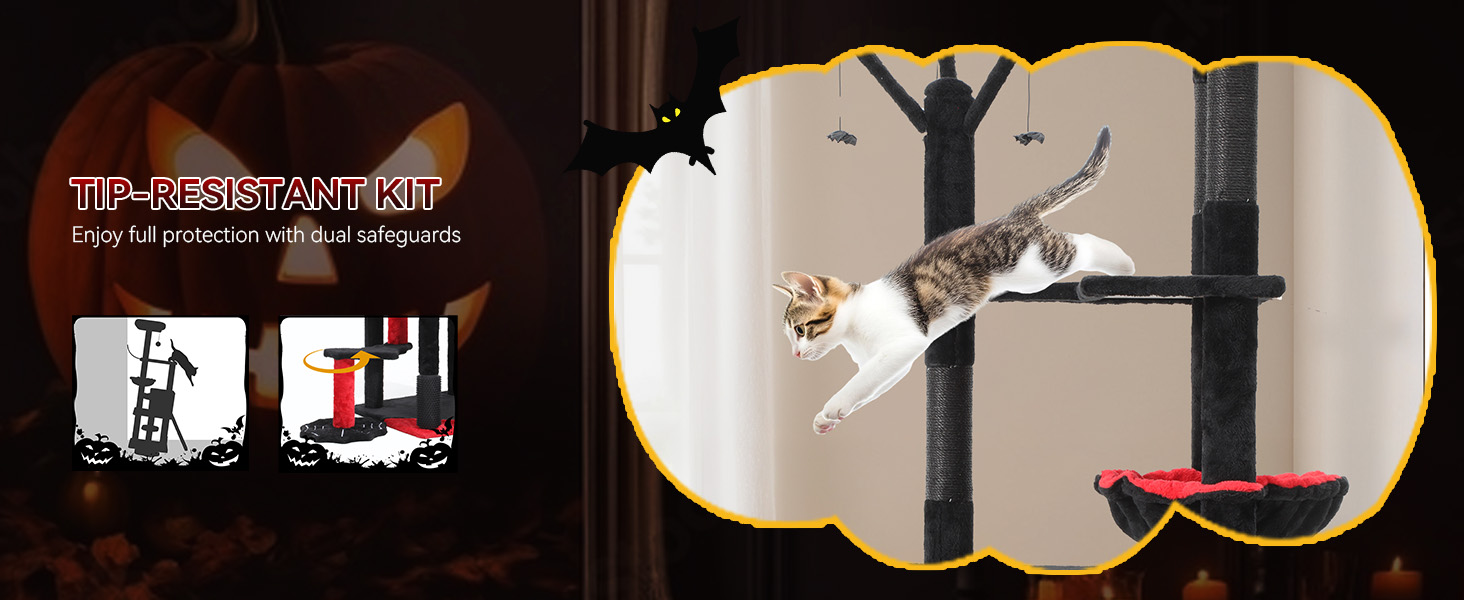 Кігтеточка YITAHOME Готичний XL, 160 см, з 4 колонами з сизалю, платформа для сну, гамак, кулі-іграшки, чорна