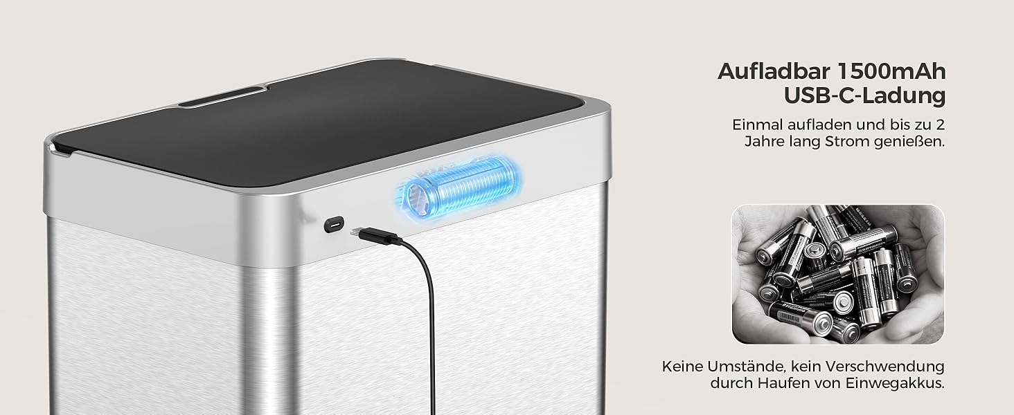 Сміттєвий бак кухонний сенсорний Lovewind 55л, нержавіюча сталь, USB-C, сріблястий